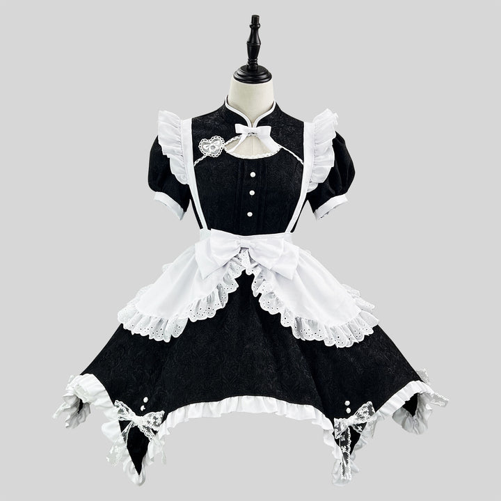Black & White Jacquard Chinese Qipao Maid Outfit Lolita Cosplay Dress