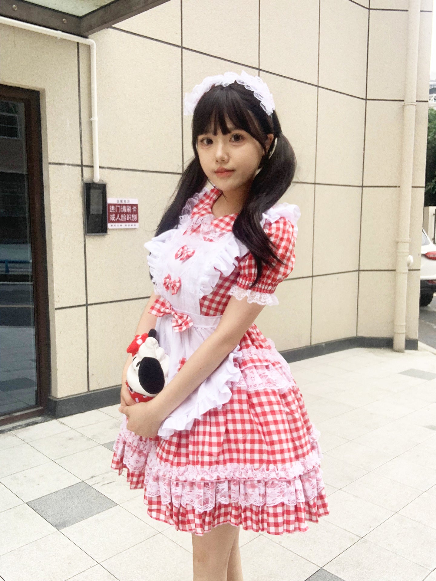 Pink Plaid Sweet Idol Maid Cosplay Outfit Lolita Dress