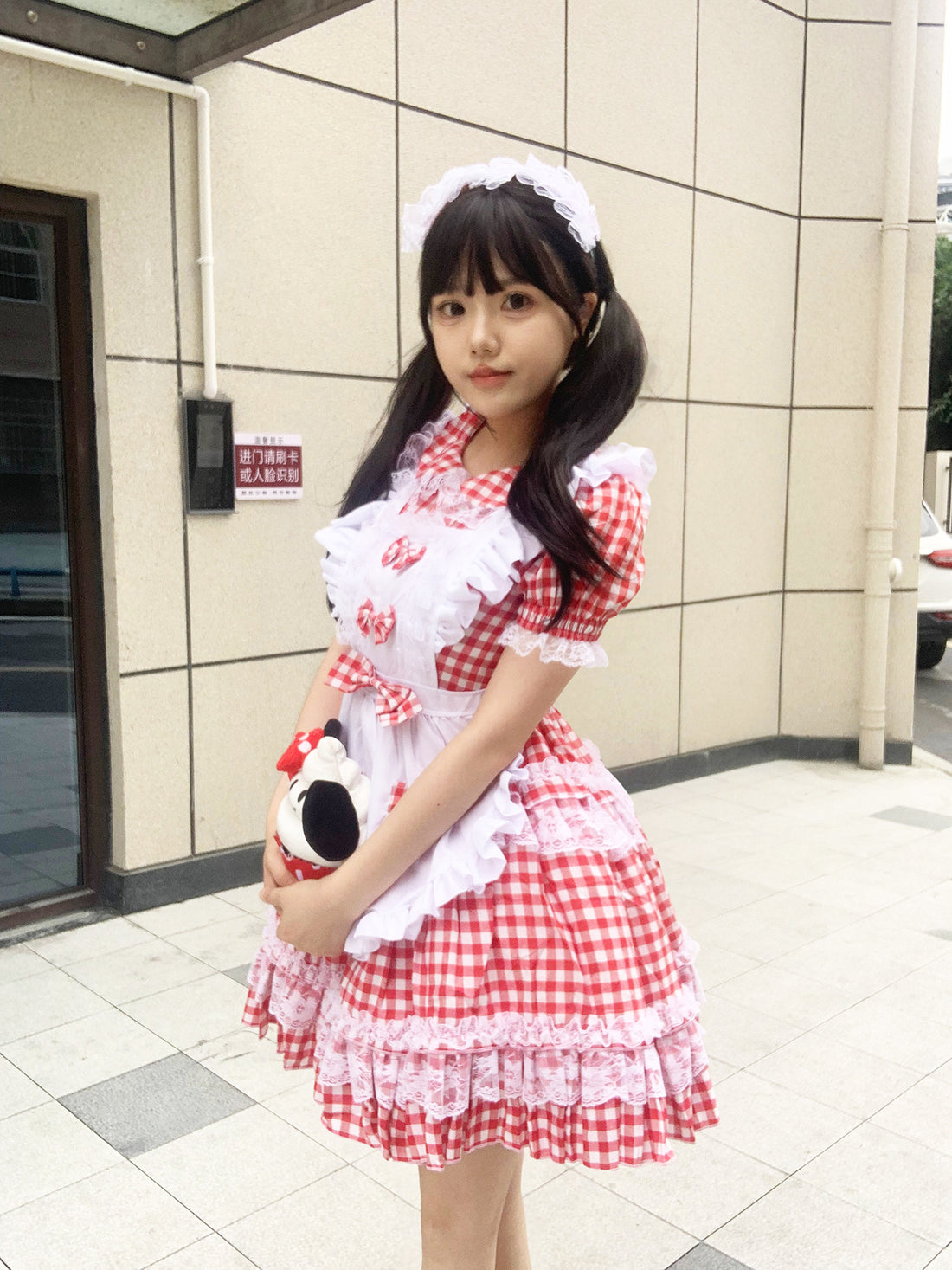 Pink Plaid Sweet Idol Maid Cosplay Outfit Lolita Dress