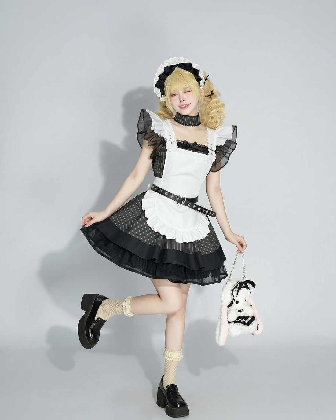 White Striped Retro Lolita Maid Outfit Subculture Cosplay Dress