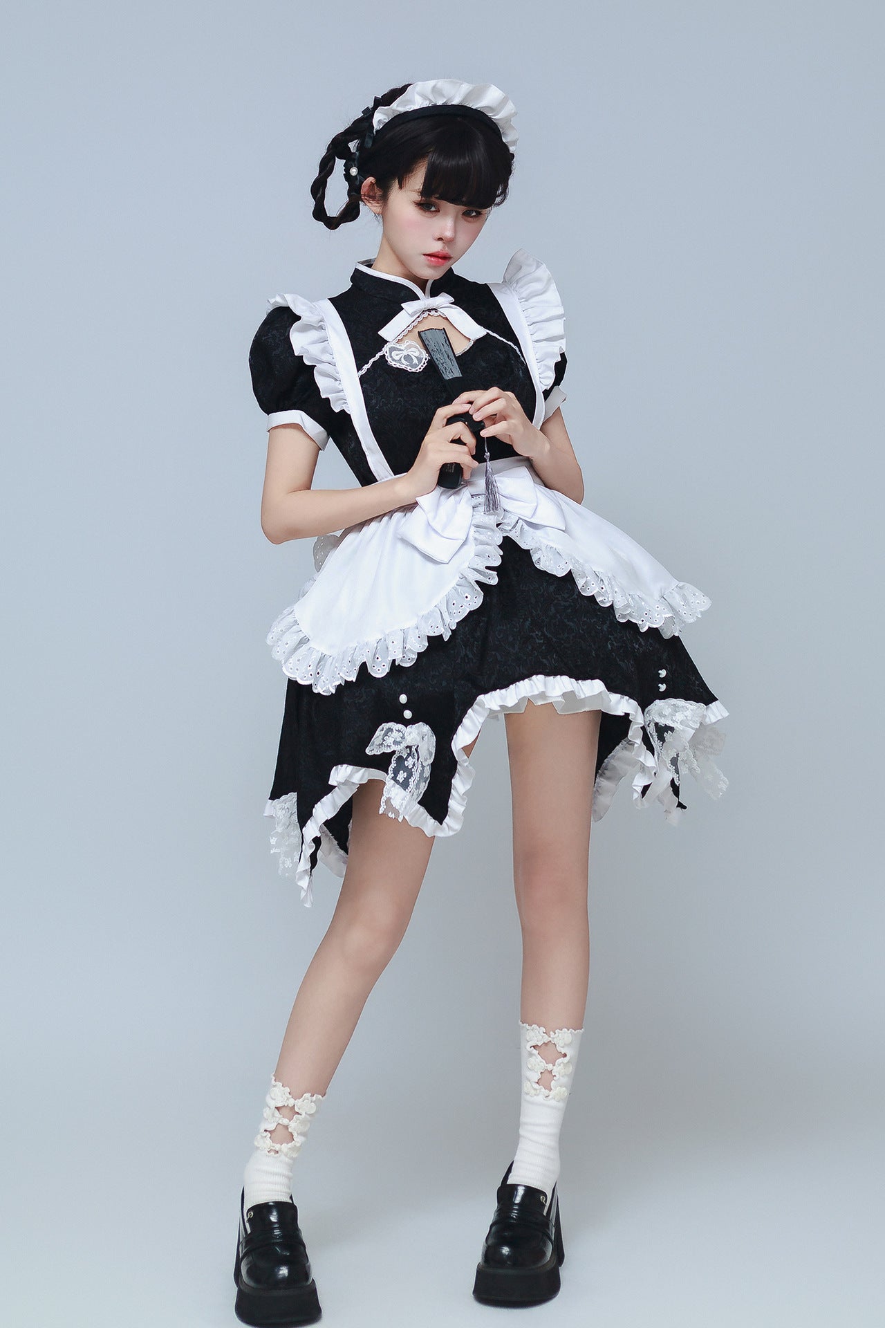 Black & White Jacquard Chinese Qipao Maid Outfit Lolita Cosplay Dress