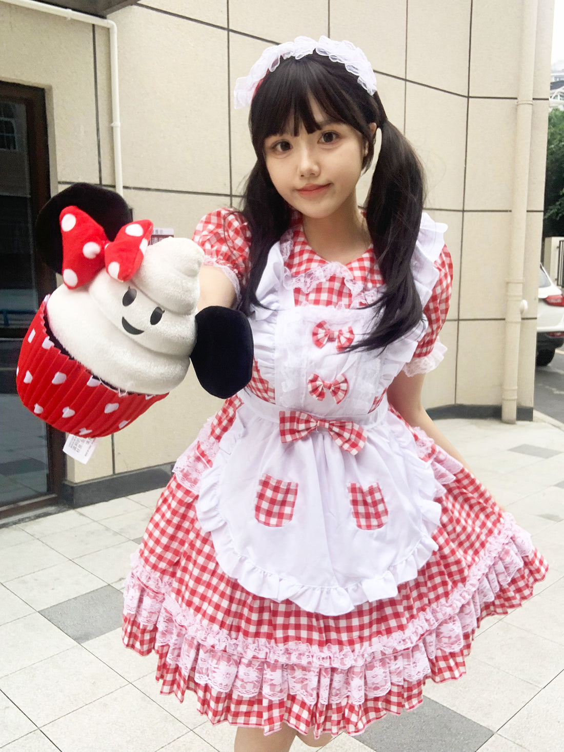 Pink Plaid Sweet Idol Maid Cosplay Outfit Lolita Dress