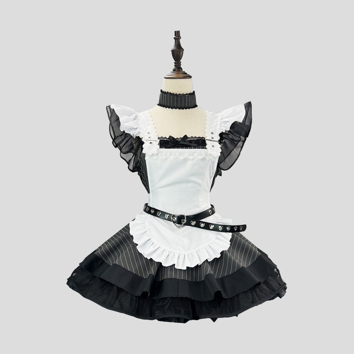 White Striped Retro Lolita Maid Outfit Subculture Cosplay Dress