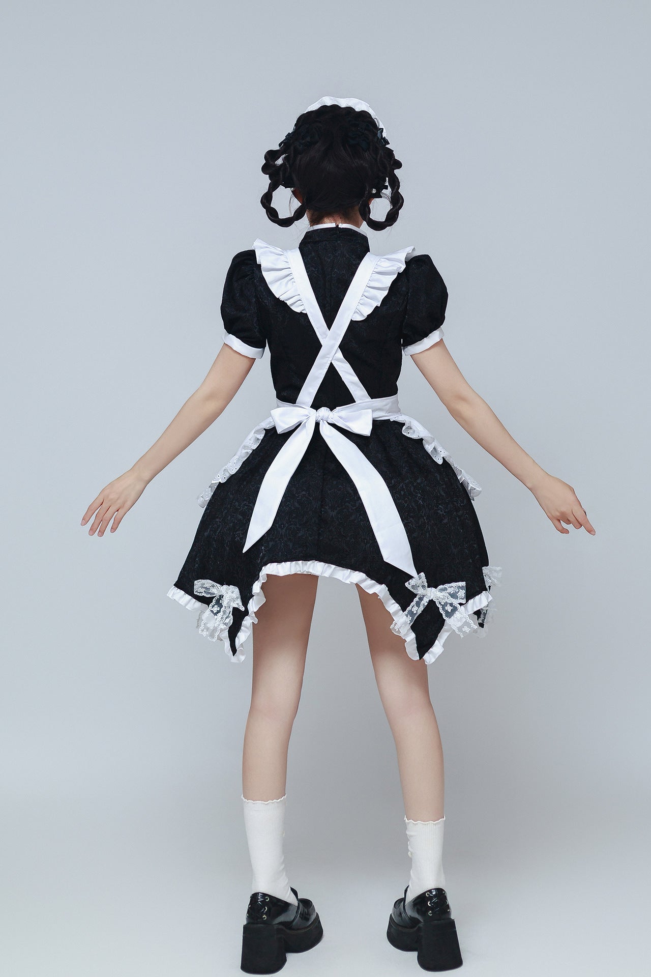 Black & White Jacquard Chinese Qipao Maid Outfit Lolita Cosplay Dress