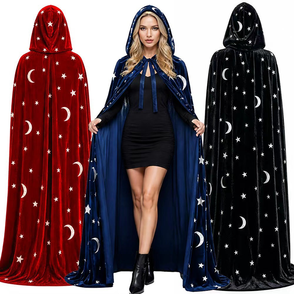 Unisex Adult Velvet Hooded Cloak with Stars and Moon for Halloween Cosplay