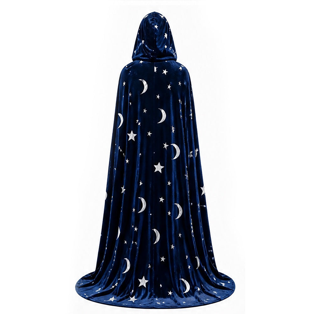 Unisex Adult Velvet Hooded Cloak with Stars and Moon for Halloween Cosplay