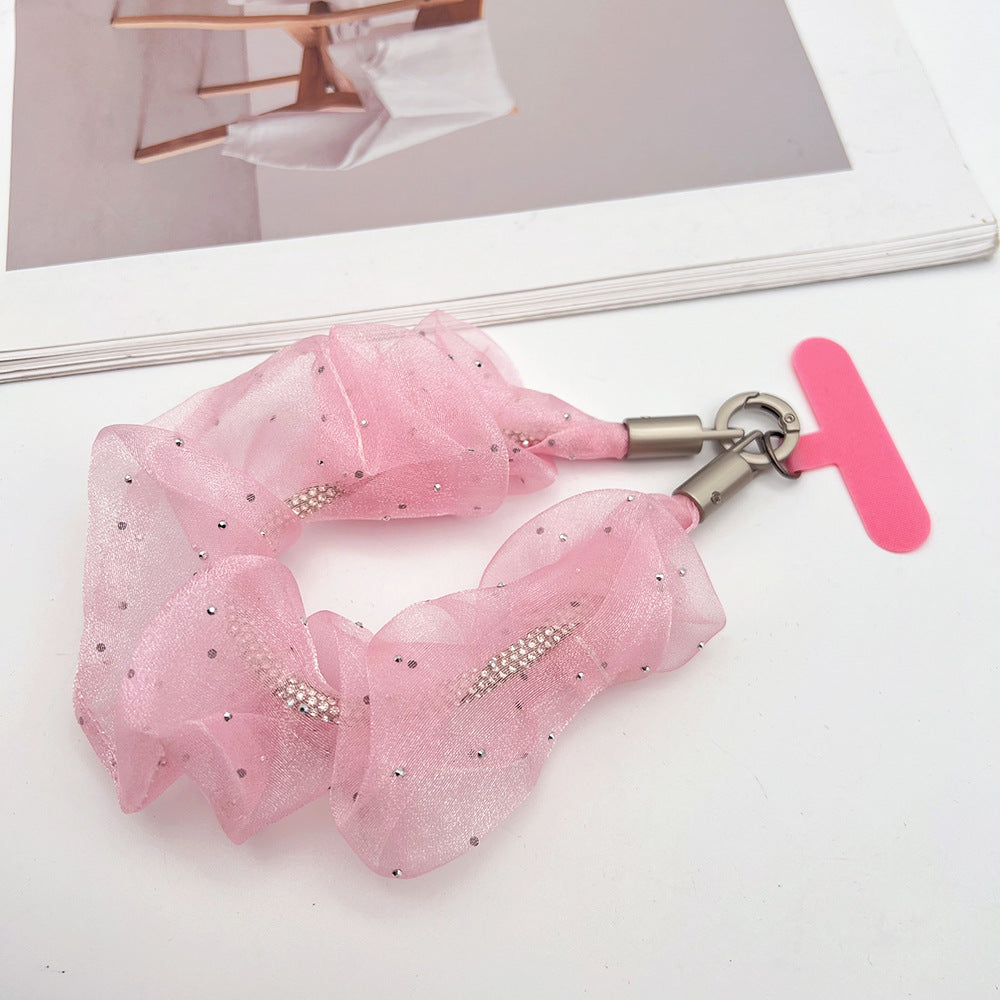 Rhinestones Tulle Wrist Phone Strap with Tether Tabs – Colon-shaped Wristlet & Hand Lanyard