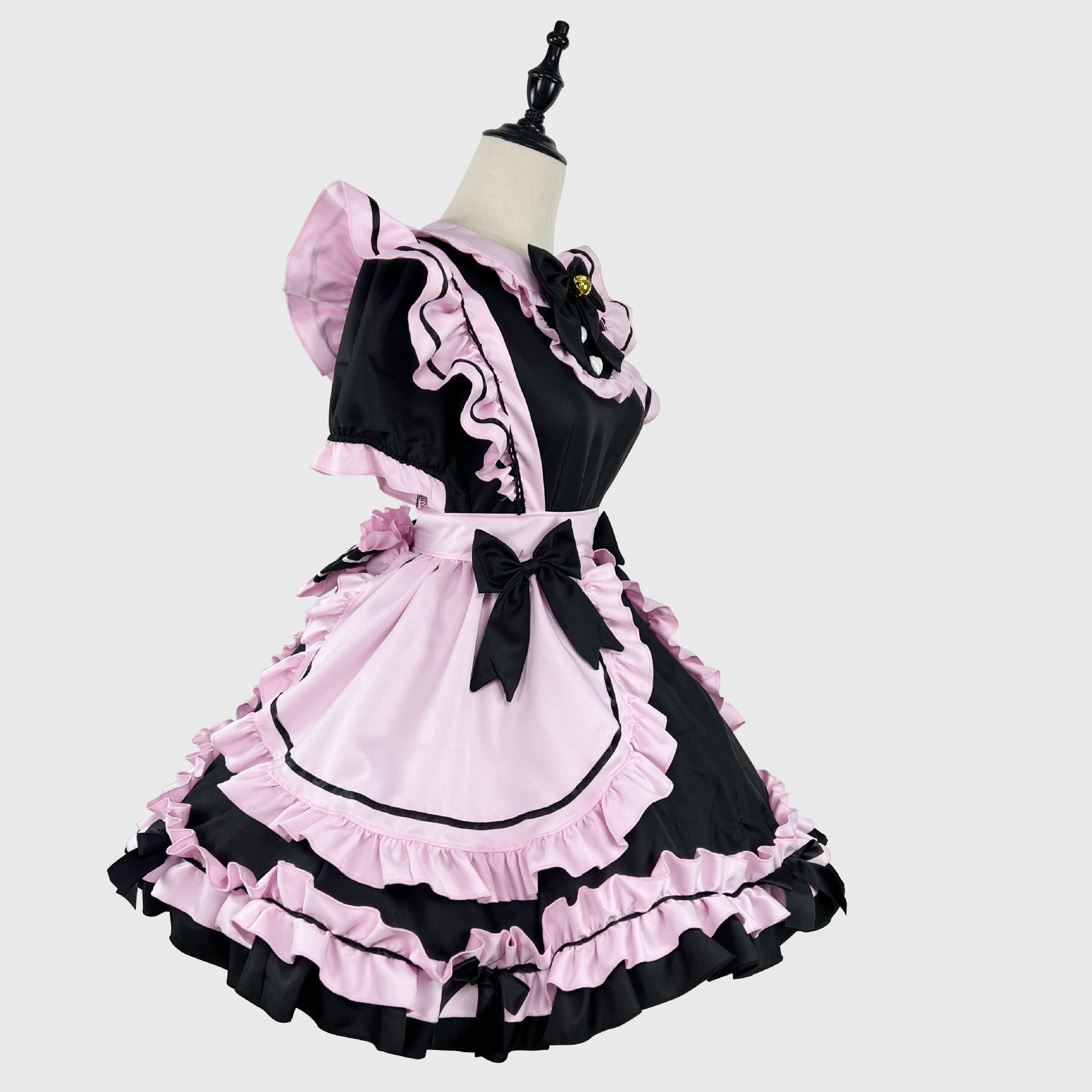 Black Pink Large Bow Lolita Maid Outfit Streamer Cosplay Dress