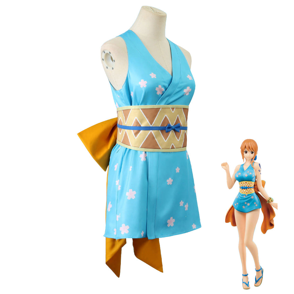 Anime Navigation Nami Kimono Blue Pajamas Fullset One Piece Cosplay Costumes
