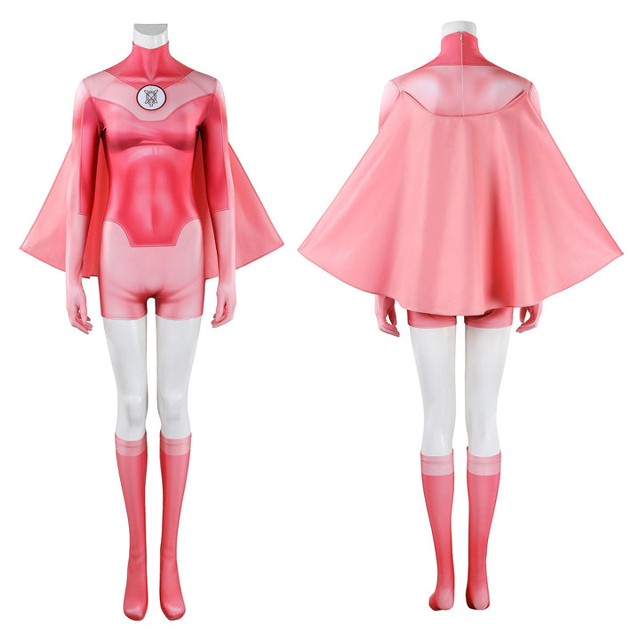 Invincible Atom Eve Female Pink Jumpsuit With Cloak Cosplay Costumes