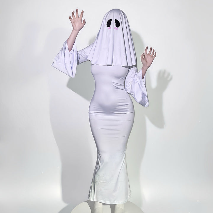 Cute Ghost Cosplay Costume for Women - Mrs. Kyoko Style Spooky White Dress with Face Mask