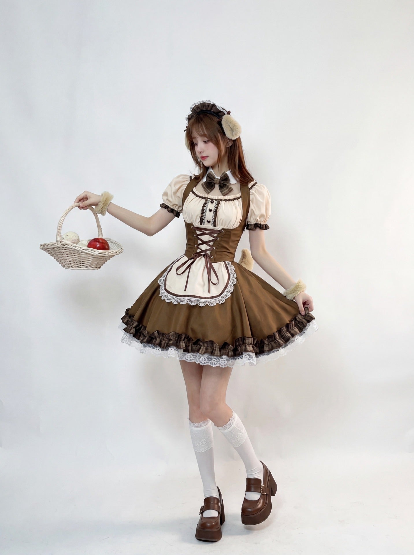 Japanese Shiba Inu Lolita Dress Corset Puff Sleeves Maid Outfit Cosplay