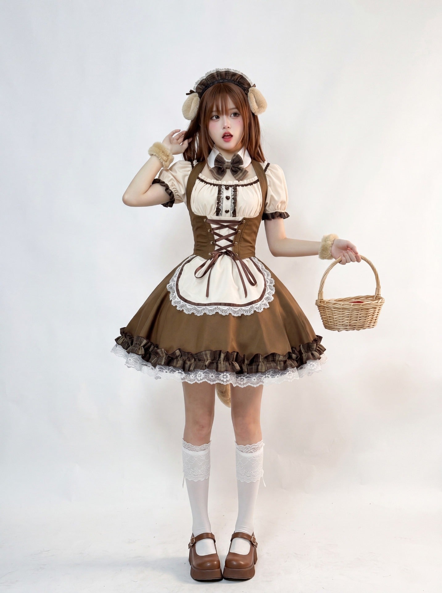 Japanese Shiba Inu Lolita Dress Corset Puff Sleeves Maid Outfit Cosplay